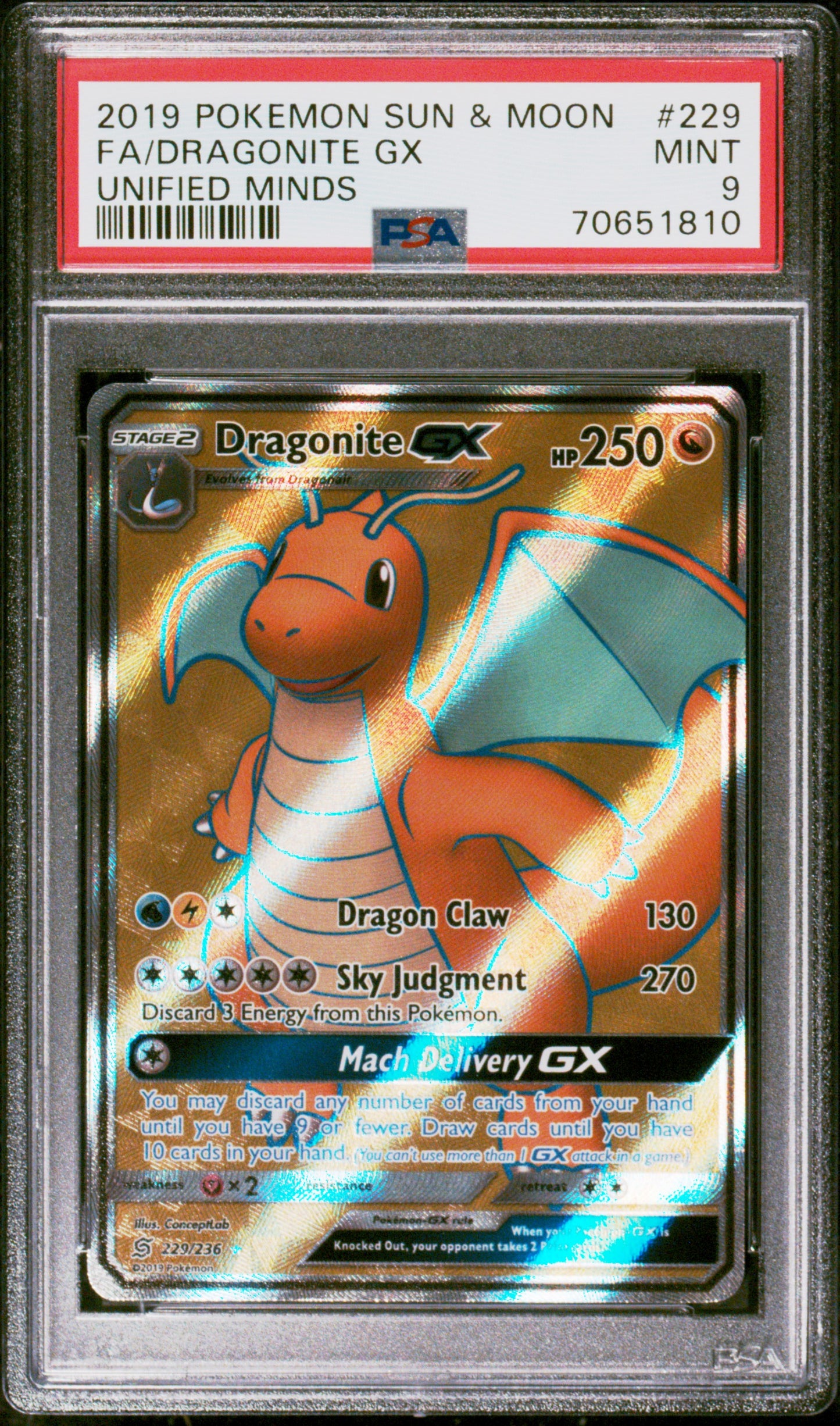 Pokemon - Dragonite GX - Full Art - Unified Minds - PSA 9